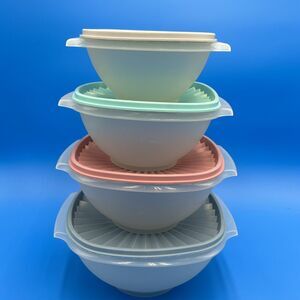Vintage Tupperware Servalier Bowls Set 4 Sunburst Lid Seal Pink Aqua Almond Blue
